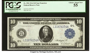 image for: Fr. 950 $10 1914 Federal Reserve Note PCGS Choice About New 55....