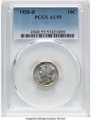 image for: 1928-D 10C AU55 PCGS. PCGS Population: (36/189). Mintage 4,161,000. ...
