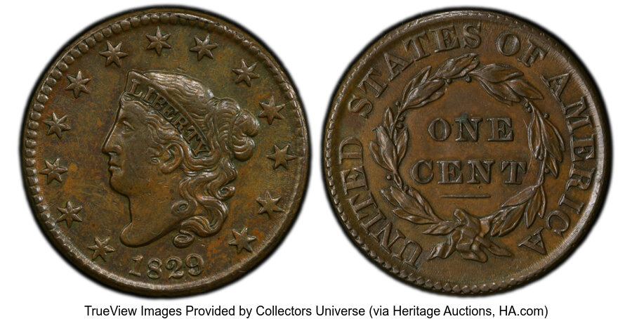 image for: 1829 1C Large Letters, N-8, R.1, AU55 PCGS. PCGS Population: (2/7).  Mintage 1,414,500....