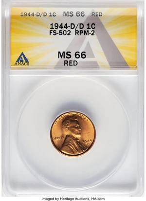 image for: 1944-D/D 1C Repunched Mintmark, FS-502, MS66 Red ANACS. RPM-2. Mintage 430,578,000....