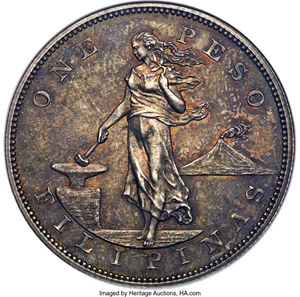 image for: 1905 U.S. Philippines Peso, KM-168, Allen-16.05, PR63 NGC. Richly toned in slate-gray and umber tones accented by amber-or...