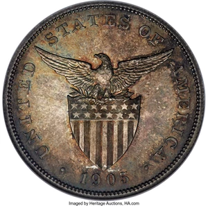 image for: 1905 U.S. Philippines Peso, KM-168, Allen-16.05, PR63 NGC. Richly toned in slate-gray and umber tones accented by amber-or...