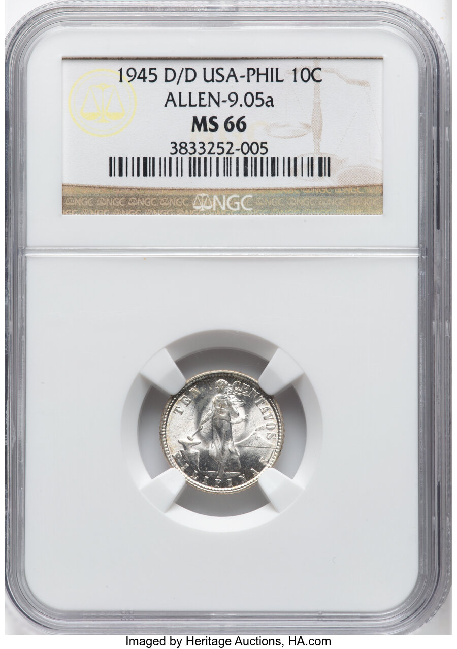 image for: 1945-D/D 10C Philippines 10 Centavos, Allen 9.05a MS66 NGC. NGC Census: (0/0)....