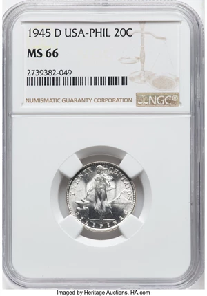 image for: 1945-D 20C Philippines 20 Centavos MS66 NGC....