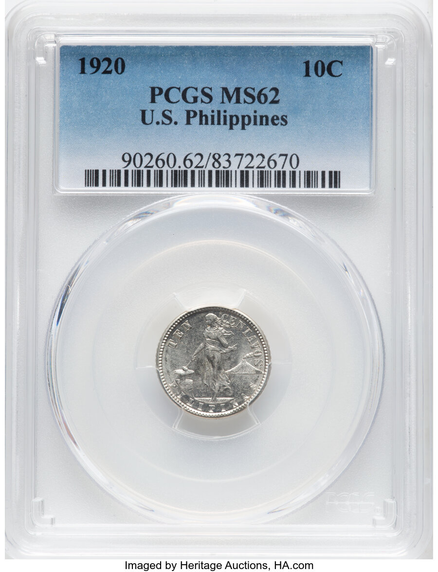 image for: 1920 10C Philippines 10 Centavos MS62 PCGS. PCGS Population: (7/44).  ...