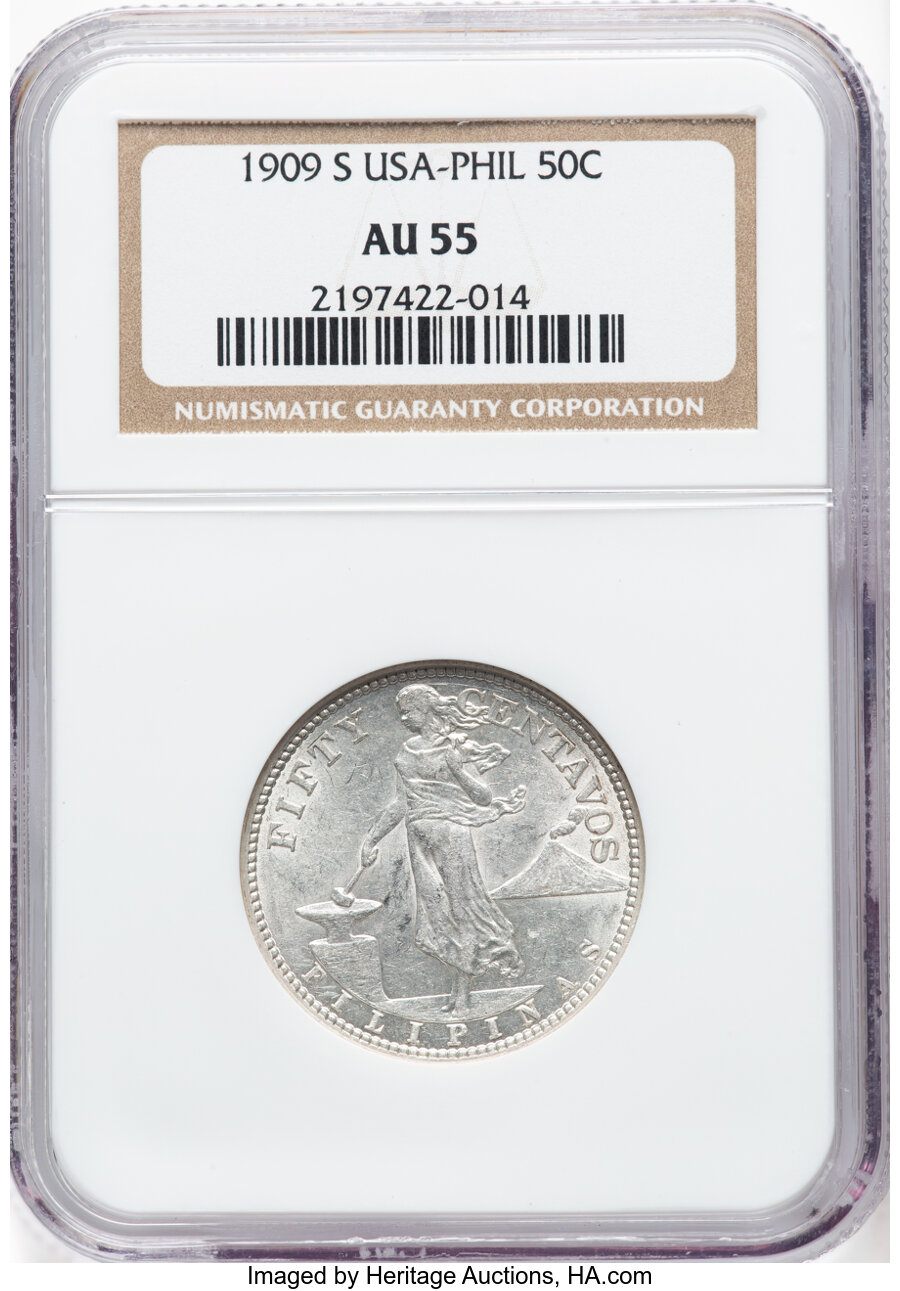 image for: 1909-S 50C Philippines 50 Centavos AU55 NGC. NGC Census: (0/0)....