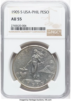 image for: 1905-S Philippines Peso, AU55 NGC. NGC Census: (1/5). Mintage 6,056,000....