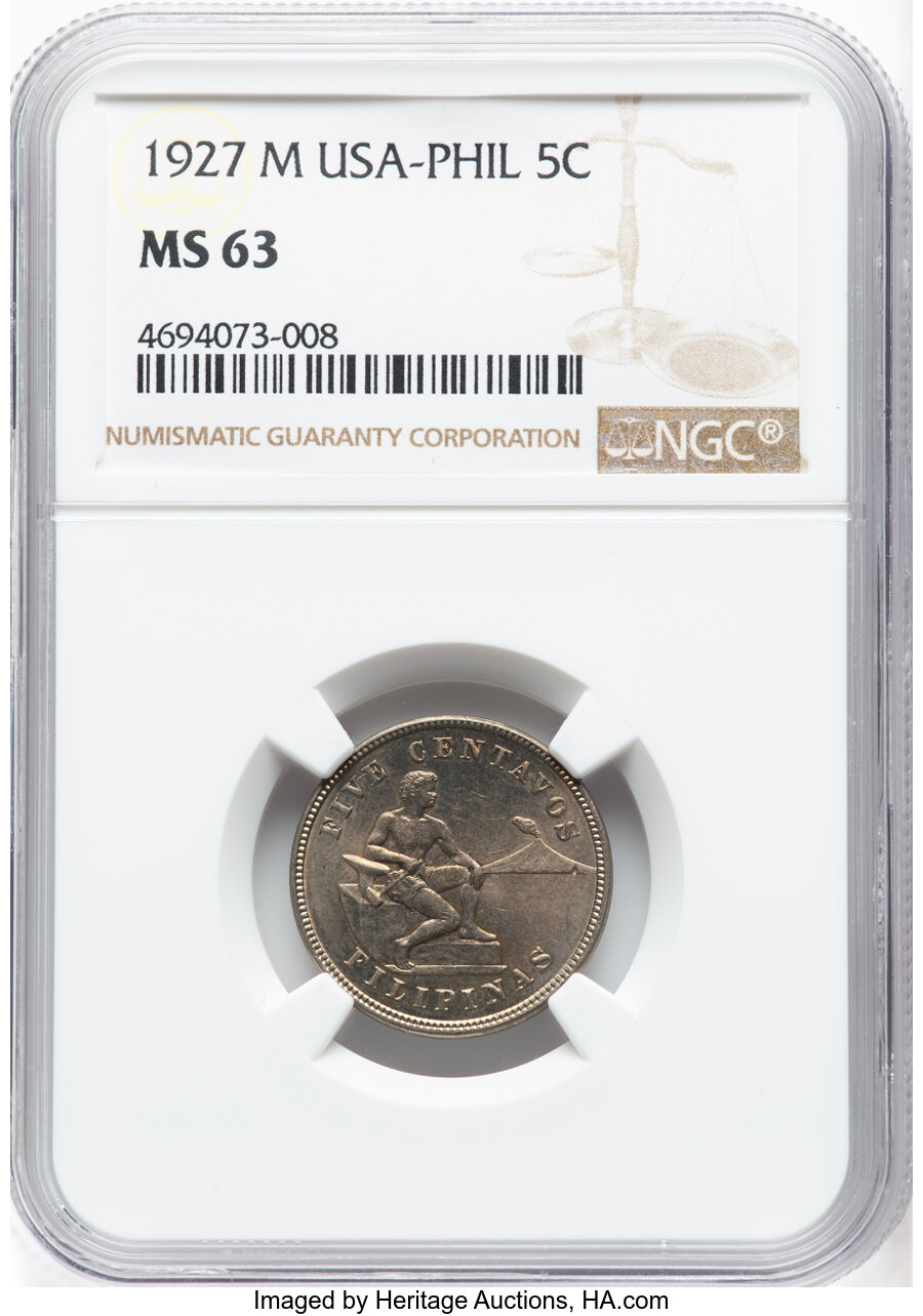 image for: 1927-M 5C Philippines 5 Centavos MS63 NGC. NGC Census: (0/0)....
