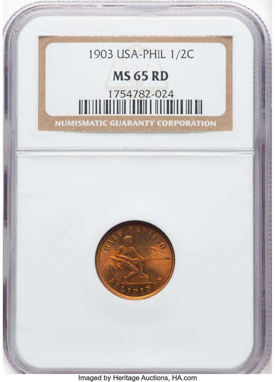 image for: 1903 1/2C Philippines 1/2 Centavos MS65 Red NGC. NGC Census: (0/0)....