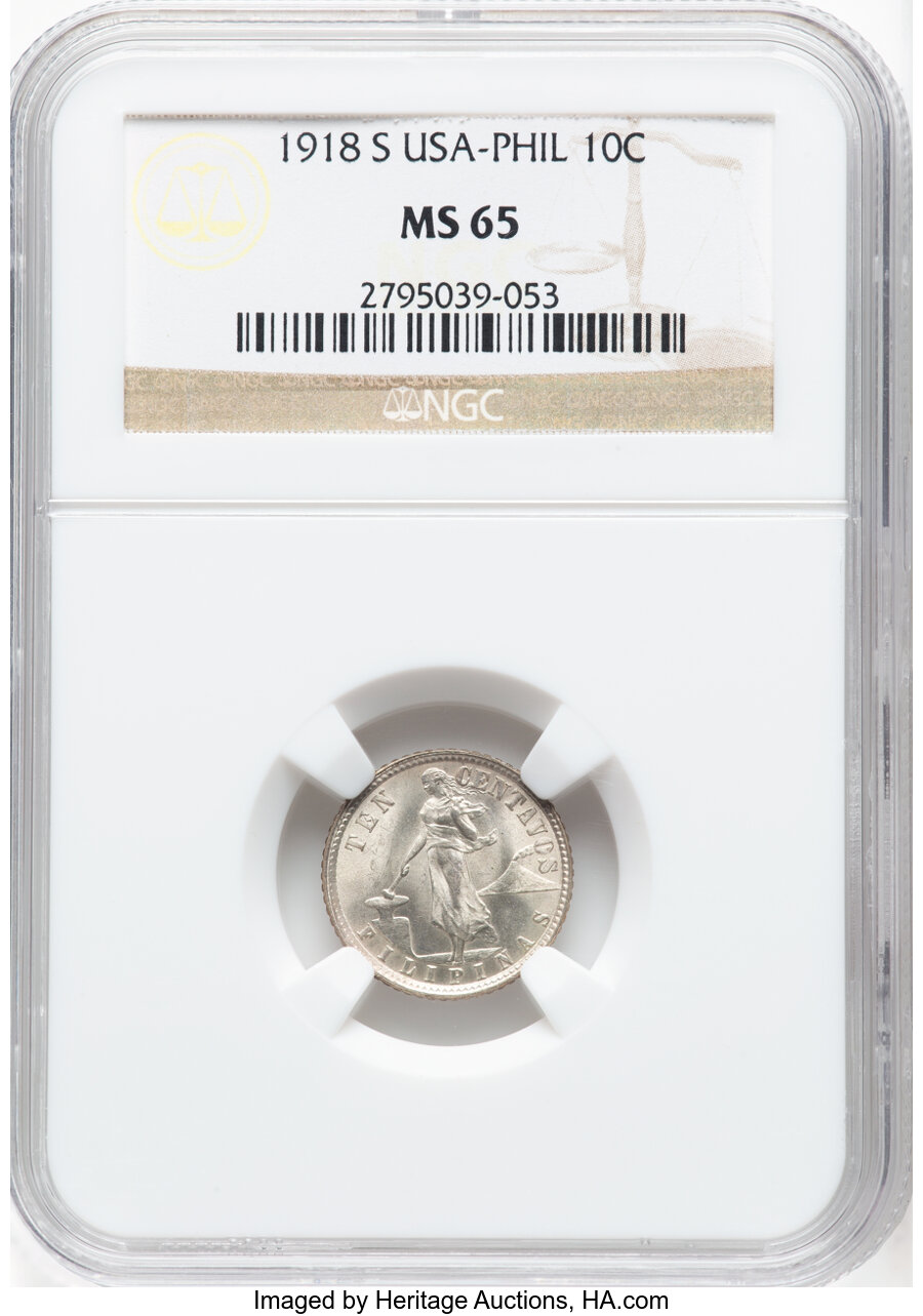 image for: 1918-S 10C Philippines 10 Centavos MS65 NGC. NGC Census: (0/0).  ...