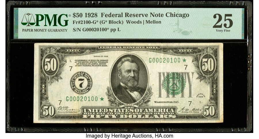 image for: Fr. 2100-G* $50 1928 Federal Reserve Star Note. PMG Very Fine 25....