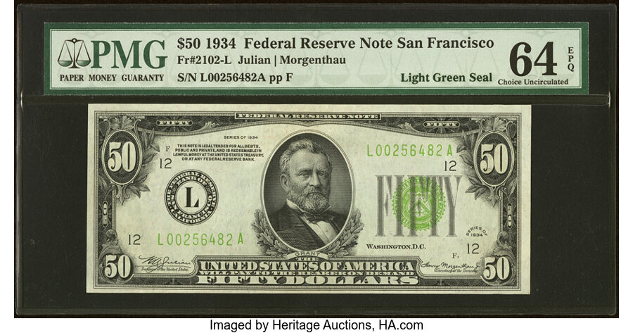 image for: Fr. 2102-L $50 1934 Light Green Seal Federal Reserve Note. PMG Choice Uncirculated 64 EPQ....