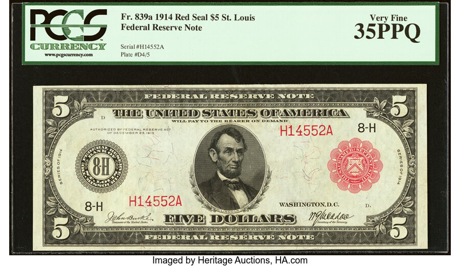 image for: Fr. 839a $5 1914 Red Seal Federal Reserve Note PCGS Very Fine 35PPQ....