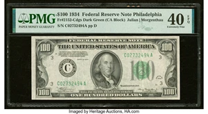 image for: Fr. 2152-C $100 1934 Dark Green Seal Federal Reserve Note. PMG Extremely Fine 40 EPQ....
