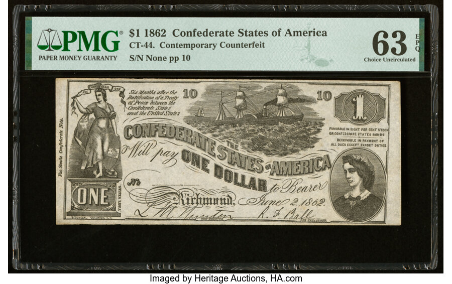 image for: CT44/339 $1 1862 Contemporary Counterfeit PMG Choice Uncirculated 63 EPQ....