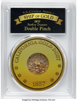 image for: 1857 California Gold Rush Nuggets, Double Pinch . 1.5 grams. PCGS. Ex: S.S. Central America. Bob Evans Chief Scientist....