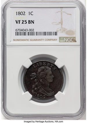 image for: 1802 1C S-231, B-9, R.1, VF25 Brown NGC. NGC Census: (42/183). Mintage 3,435,100....