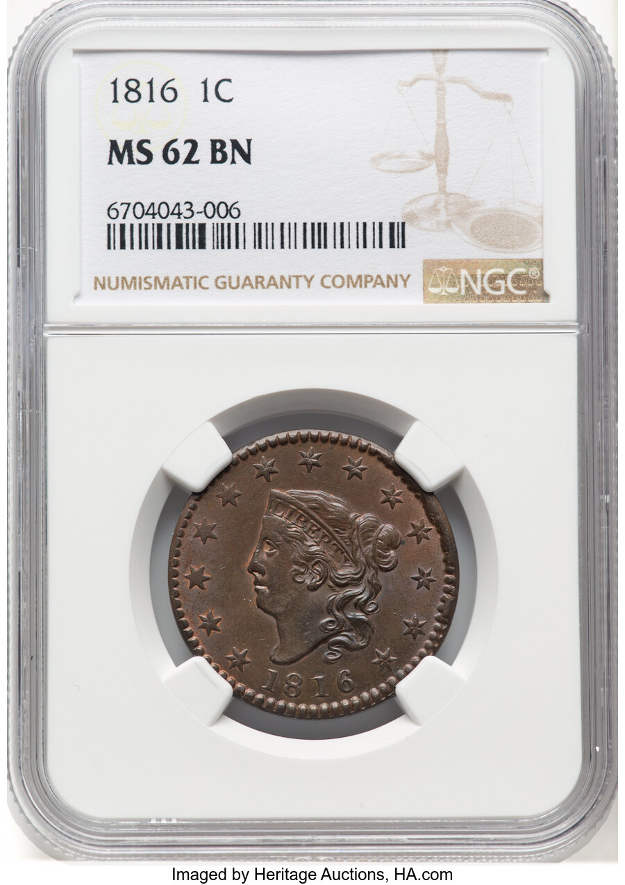 image for: 1816 1C N-2, R.1, MS62 Brown NGC. NGC Census: (32/59).  Mintage 2,820,982....