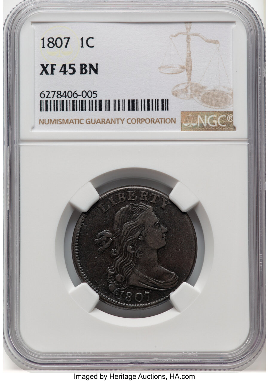image for: 1807 1C S-275, B-5, R.3, XF45 Brown NGC. NGC Census: (4/9).  Mintage 829,221....