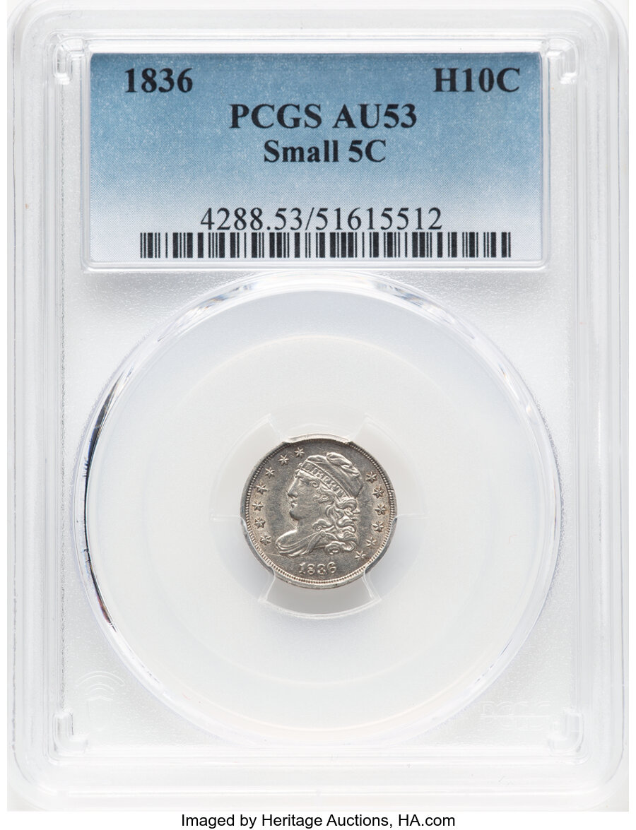 image for: 1836 H10C Small 5C, V-6, LM-5, R.2, AU53 PCGS. PCGS Population: (19/106)....