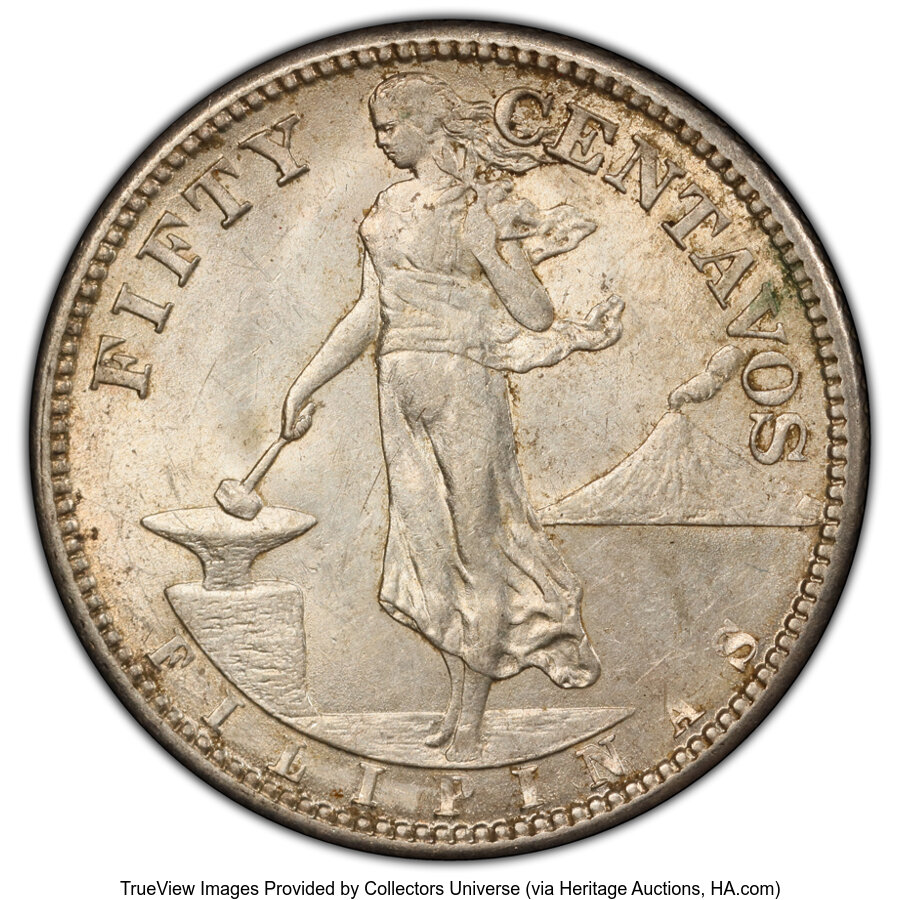 image for: 1918-S 50C Philippines 50 Centavos, Allen-14.07a Inverted S AU58 PCGS. PCGS Population: (6/9 and 0/0+)....