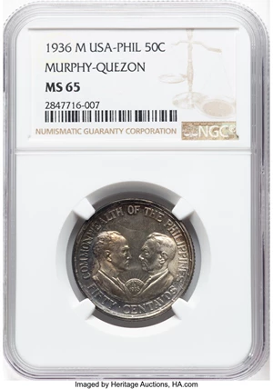 image for: 1936-M 50C Philippines 50 Centavos Murphy-Quezon, MS65 NGC. NGC Census: (0/0)....
