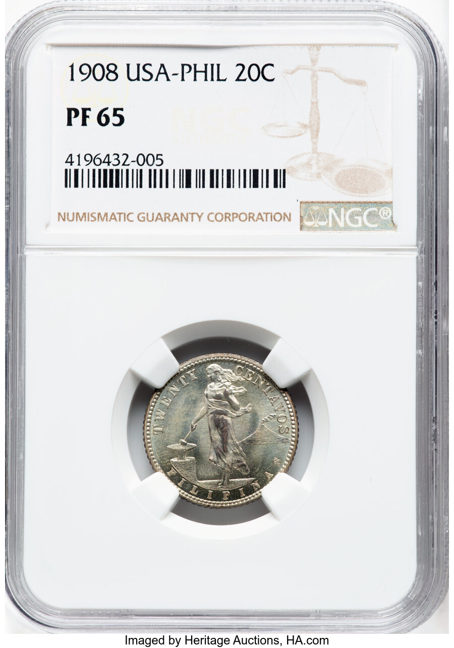image for: 1908 20C Philippines 20 Centavos PR65 NGC. NGC Census: (0/0).  ...