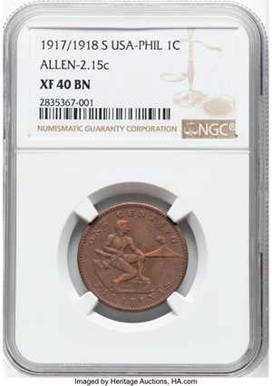 image for: 1917/8-S 1C Philippines Centavo, Allen-2.15c, XF40 Brown NGC. NGC Census: (0/0)....
