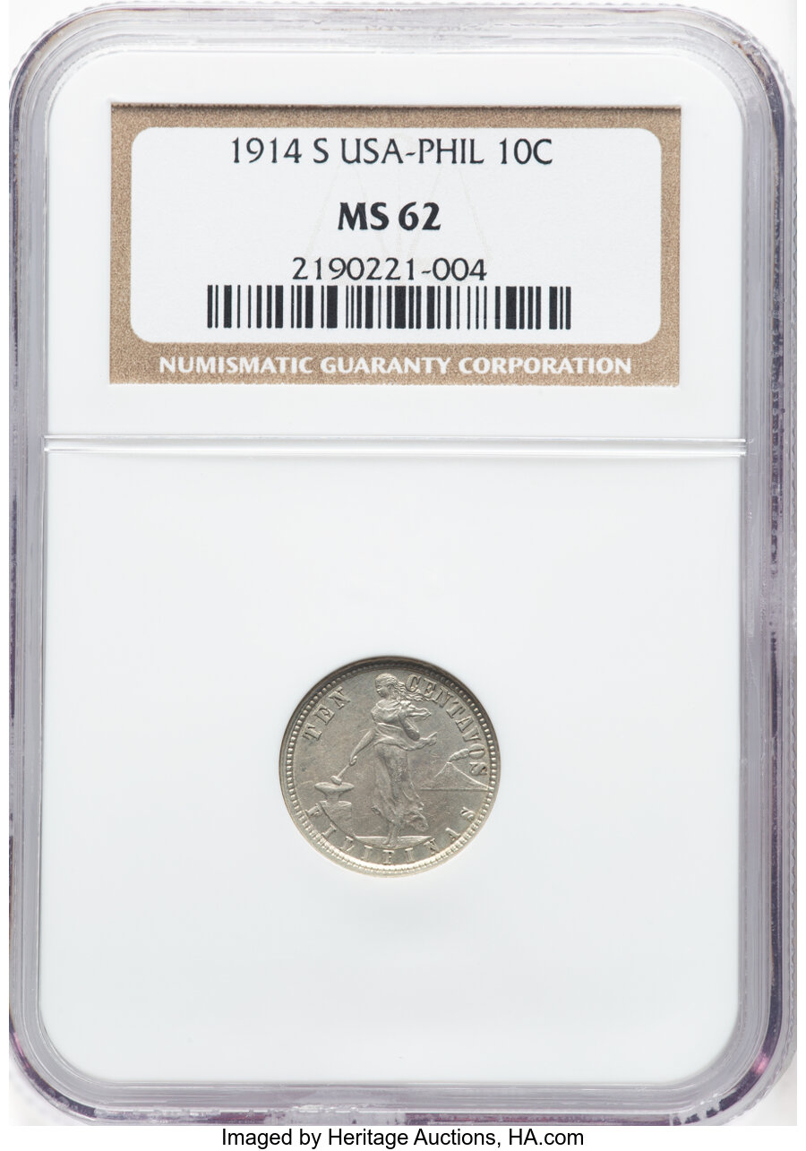 image for: 1914-S 10C Philippines 10 Centavos, Allen 8.10a, MS62 NGC. NGC Census: (0/0)....