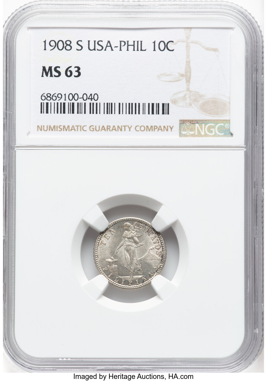 image for: 1908-S 10C Philippines 10 Centavos MS63 NGC. NGC Census: (0/0).  ...