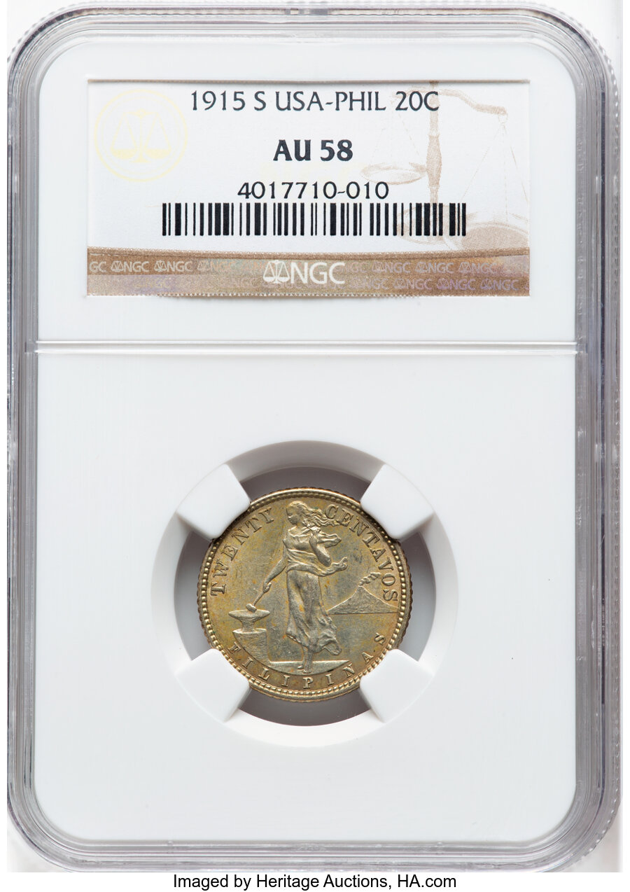 image for: 1915-S 20C Philippines 20 Centavos AU58 NGC. NGC Census: (8/5).  ...