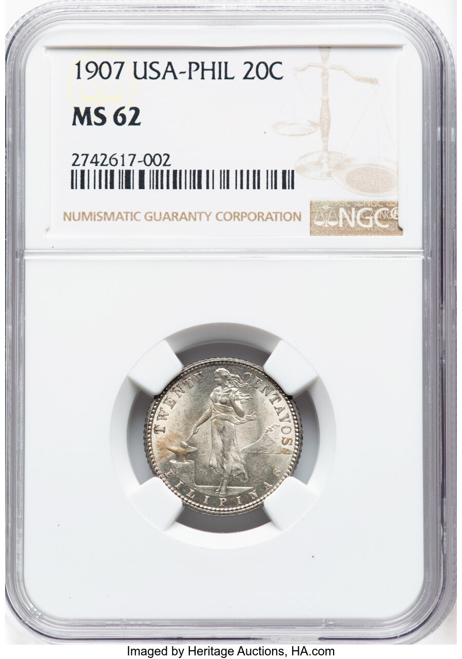 image for: 1907 20C Philippines 20 Centavos MS62 NGC. NGC Census: (0/0).  ...