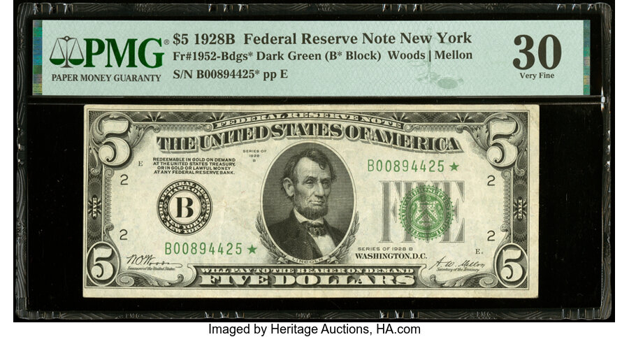 image for: Fr. 1952-B* $5 1928B Federal Reserve Star Note. PMG Very Fine 30....