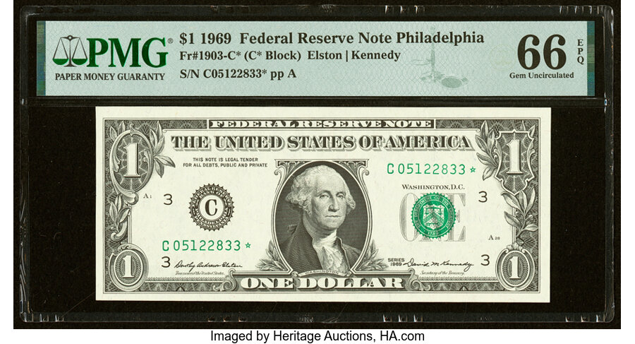 image for: Fr. 1903-C* $1 1969 Federal Reserve Star Note. PMG Gem Uncirculated 66 EPQ....