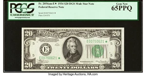 image for: Fr. 2054-E* $20 1934 Mule Federal Reserve Star Note. PCGS Gem New 65PPQ....