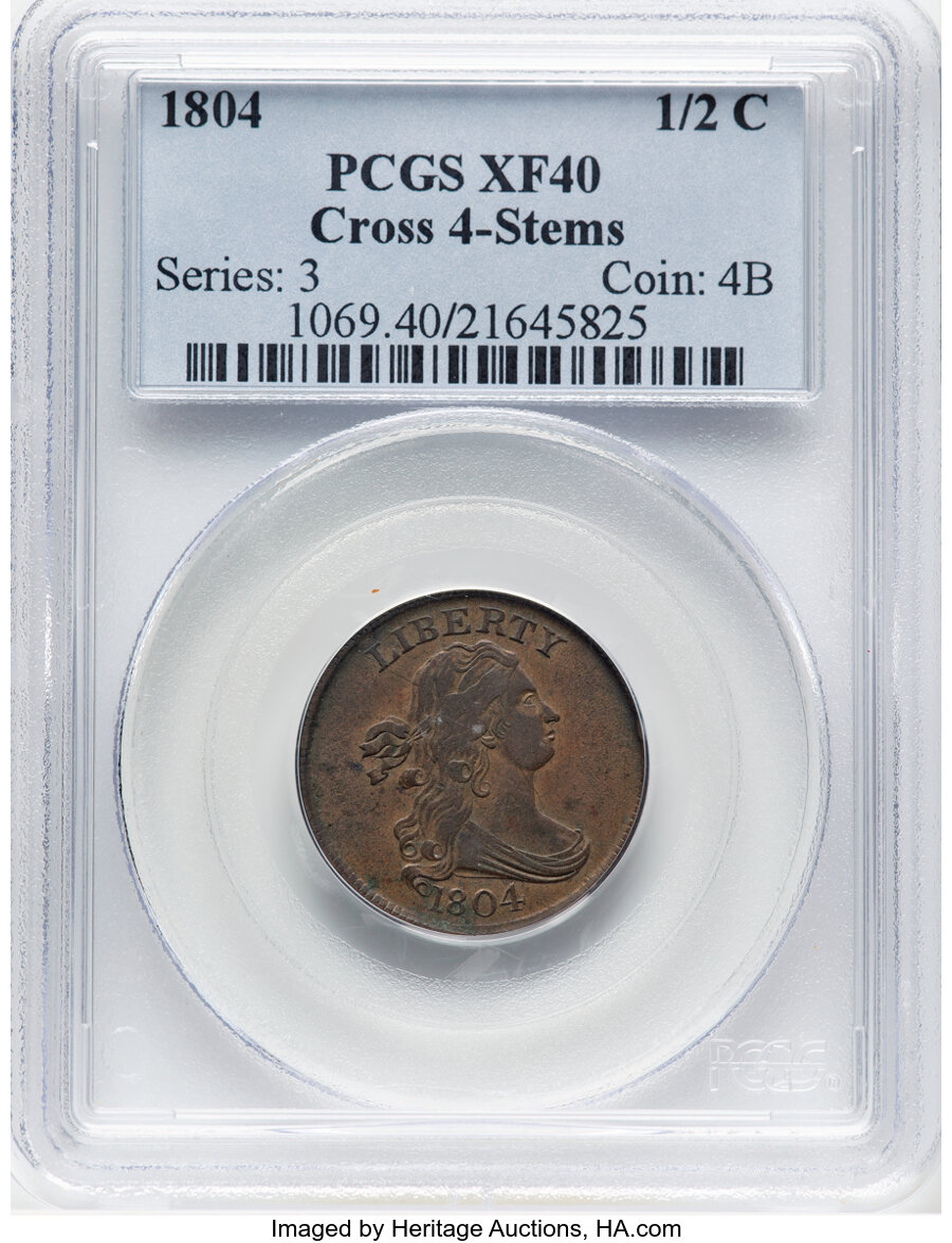 image for: 1804 1/2 C Crosslet 4, Stems, C-10, B-9, R.1, XF40 PCGS....