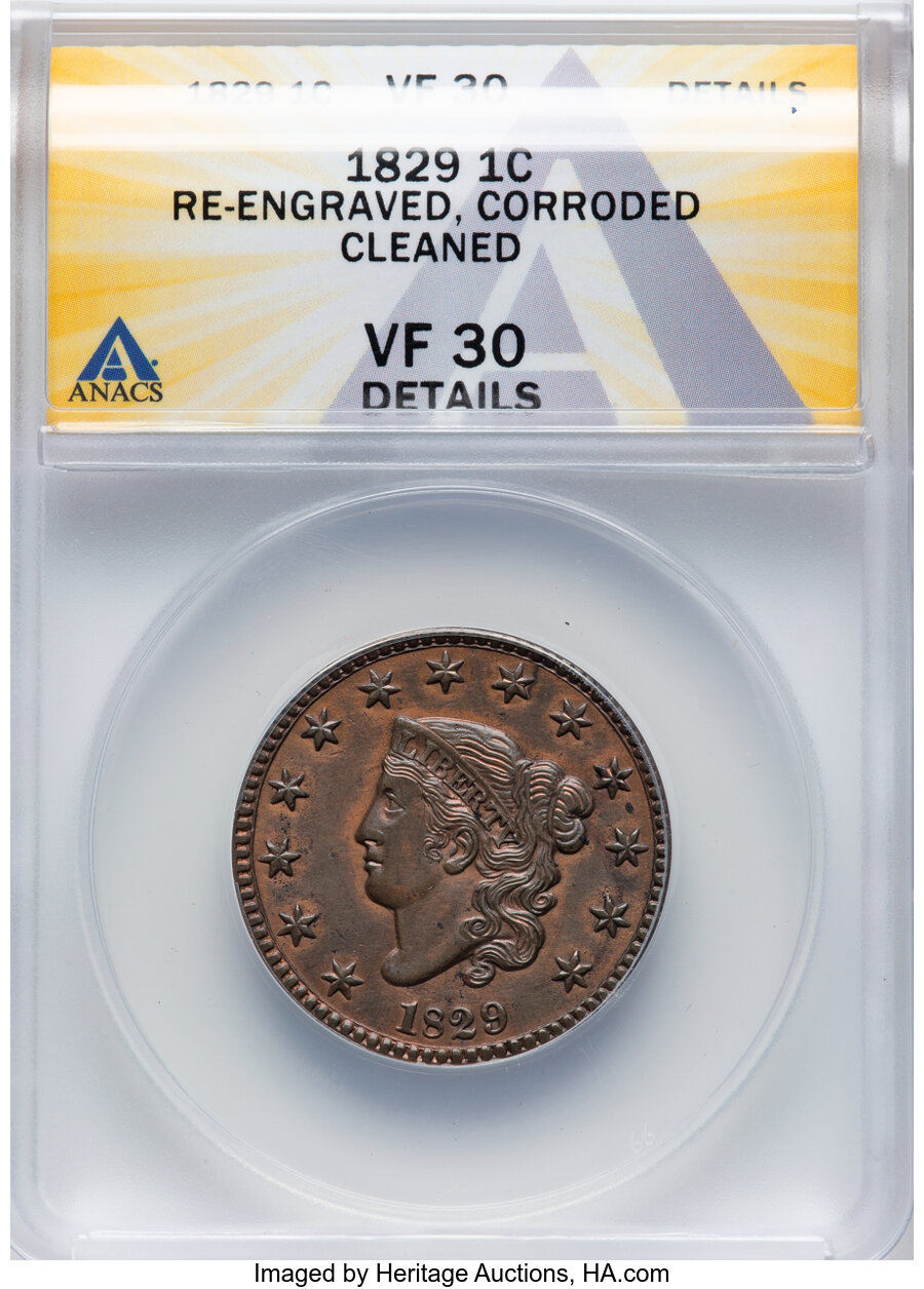 image for: 1829 1C Large Letters, N-1, R.3 -- Cleaned, Corroded, Reengraved -- ANACS Details. VF30.  Mintage 1,414,500....