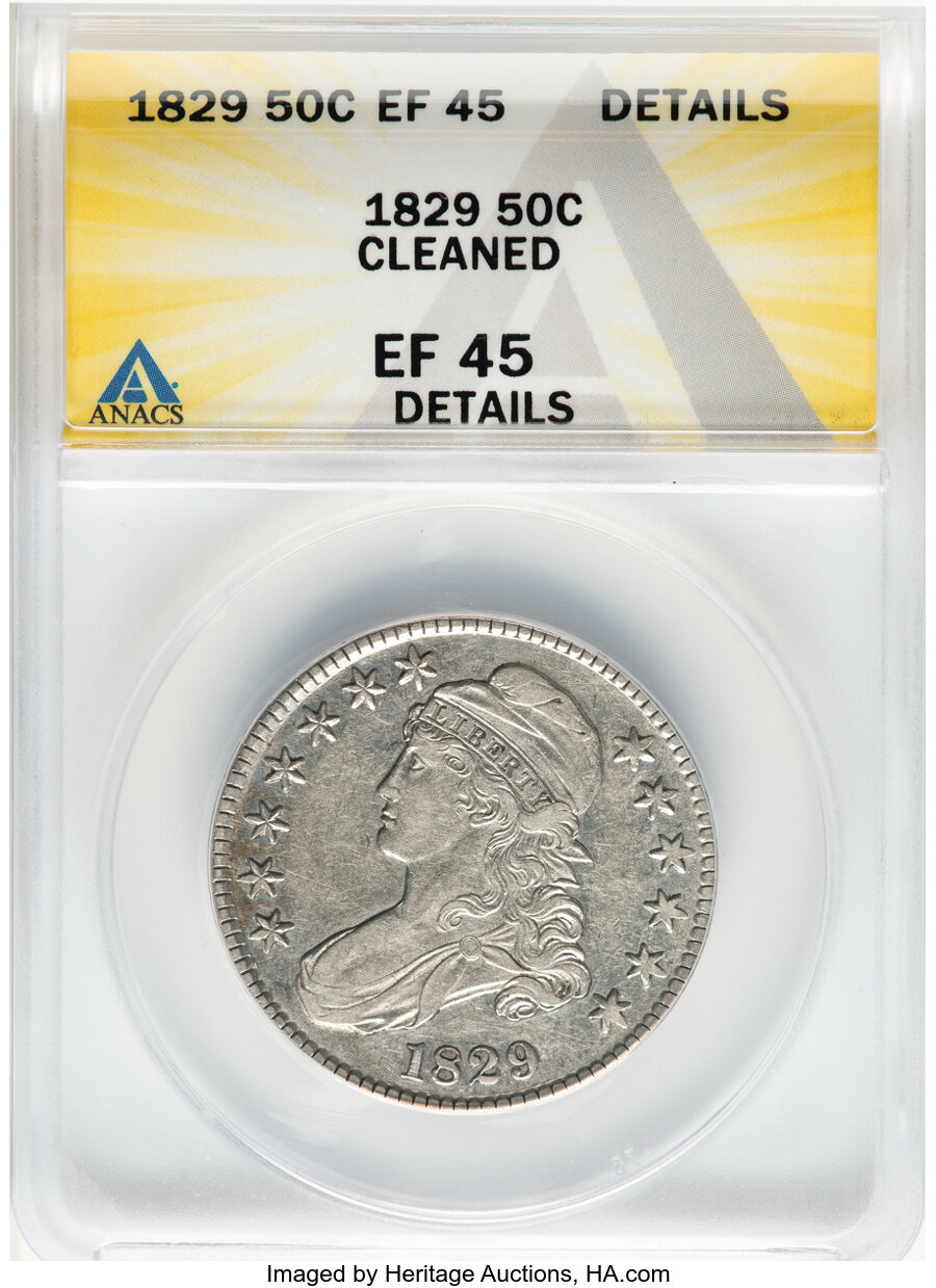 image for: 1829 50C Small Letters, O-105, R.1 -- Cleaned -- ANACS Details. XF45.  Mintage 3,712,156....