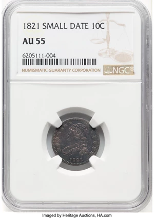 image for: 1821 10C Small Date, JR-8, R.2, AU55 NGC....