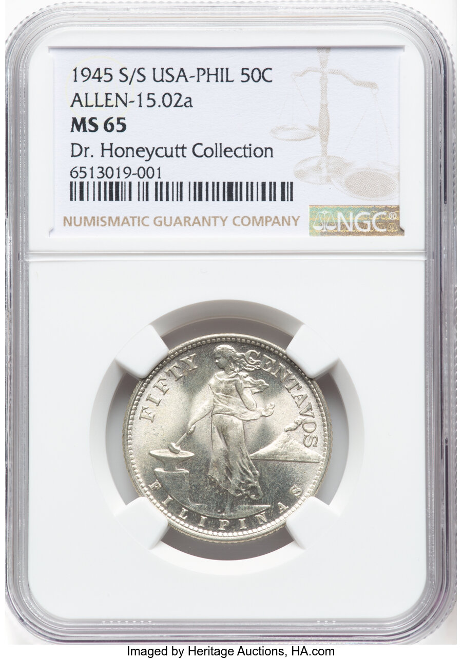image for: 1945-S/S 50C Philippines 50 Centavos, Allen-15.02a, MS65 NGC. Ex: Dr. Honeycutt Collection....