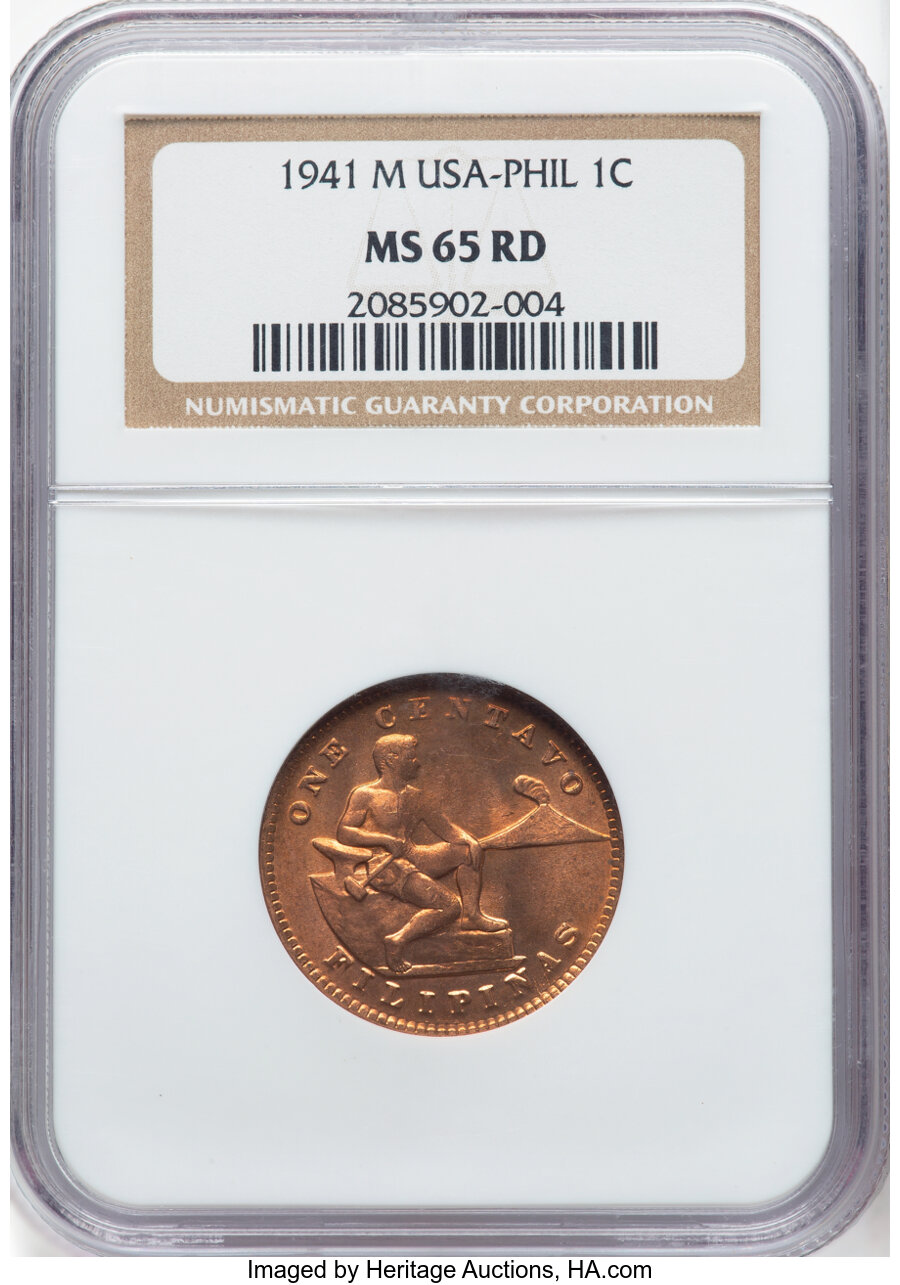 image for: 1941-M 1C Philippines Centavos MS65 Red NGC. NGC Census: (0/0)....