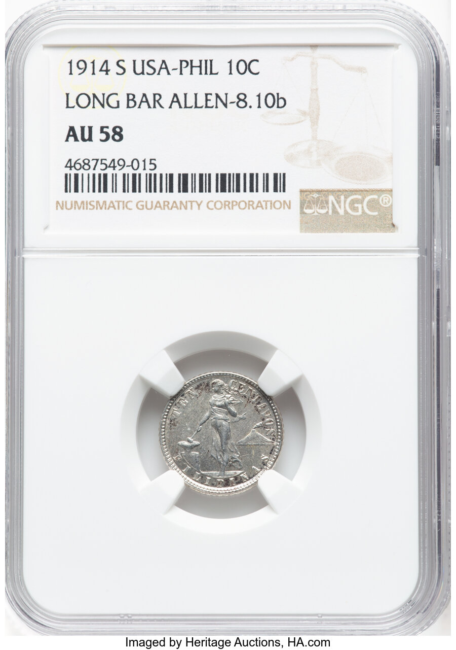 image for: 1914-S 10C Philippines 10 Centavo, Long Bar Allen 8.10b AU58 NGC. NGC Census: (0/0)....