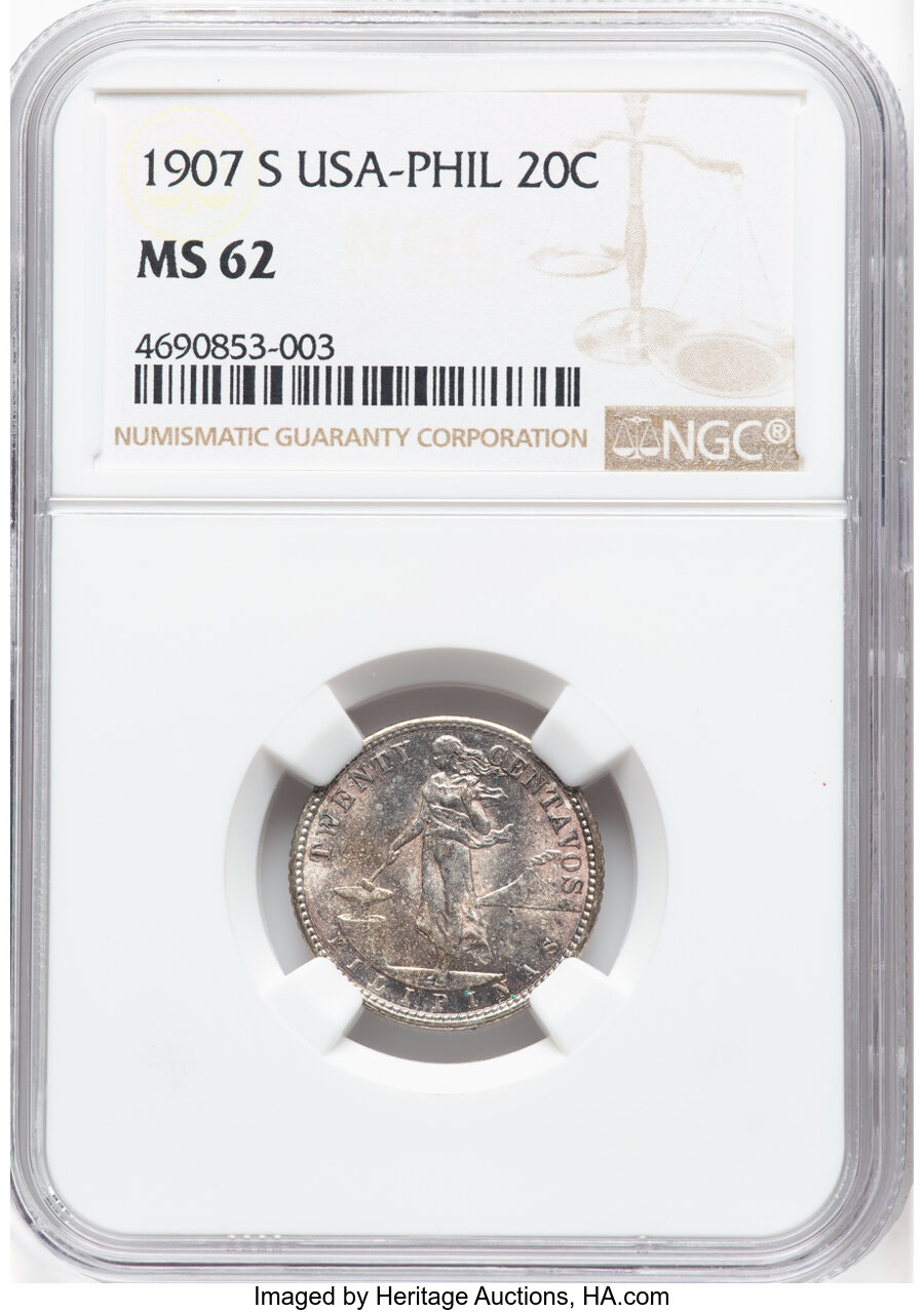 image for: 1907-S 20C Philippines 20 Centavos MS62 NGC. NGC Census: (0/0).  ...
