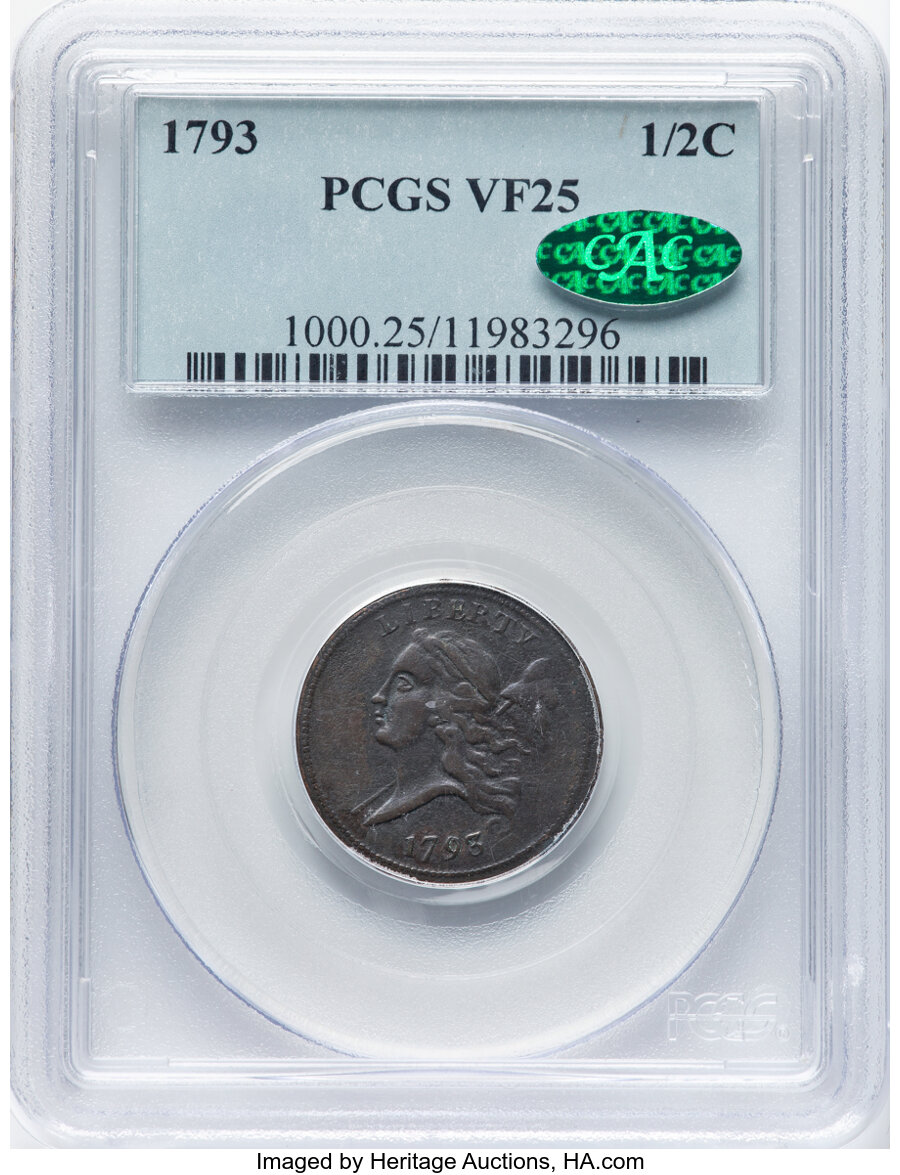 image for: 1793 1/2 C C-2, B-2, R.3, VF25 PCGS. CAC. CAC Population: (4/39). Mintage 35,334....