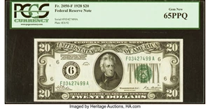 image for: Fr. 2050-F $20 1928 Federal Reserve Note. PCGS Gem New 65PPQ....