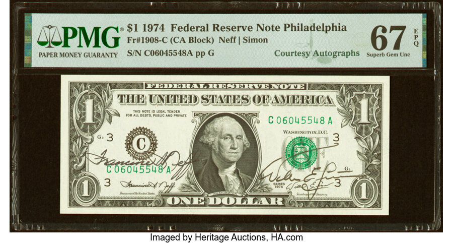 image for: Francine I. Neff and William E. Simon Dual Courtesy Autographed Fr. 1908-C $1 1974 Federal Reserve Note. PMG Superb Gem Unc 67...