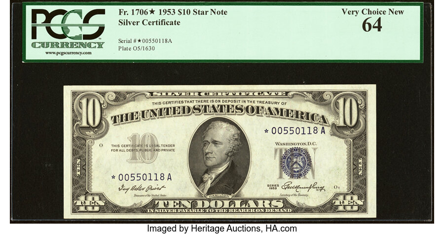 image for: Fr. 1706* $10 1953 Silver Certificate Star. PCGS Very Choice New 64....