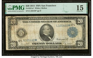 image for: Fr. 1011a* $20 1914 Federal Reserve Star Note PMG Choice Fine 15....