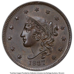 image for: 1837 1C Plain Cords, Medium Letters, N-7, N-8, R.1, MS64 Brown PCGS. CAC. CAC Population: (18/18)....