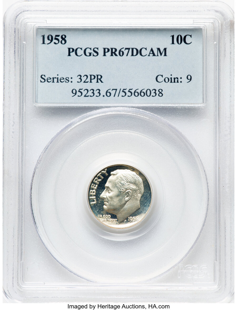 image for: 1958 10C PR67 Deep Cameo PCGS. PCGS Population: (22/42).  ...